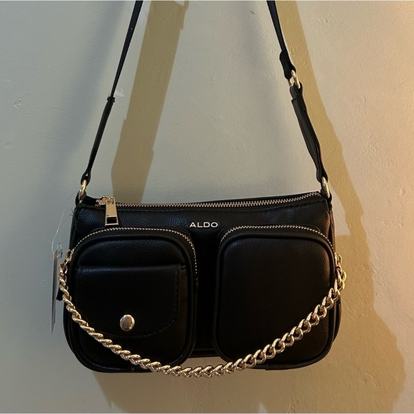 Aldo Handbags - Aldo Small Black Leather Crossbody With Gold Chain Accents. Brand New With Tags.